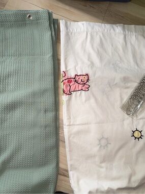White & Sage Shower Curtains with Pink Cat Embroidery - Playful